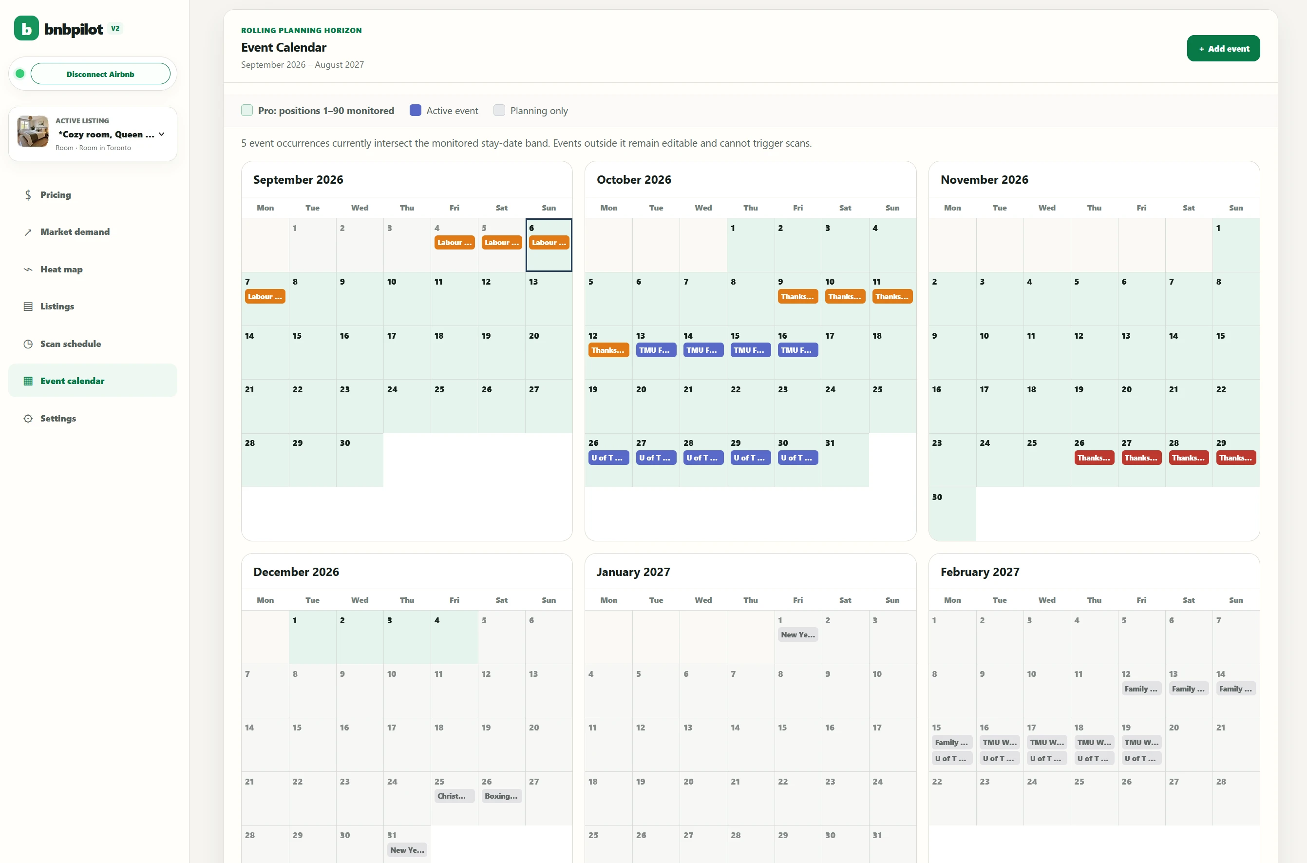 BnbPilot Event calendar screen preview