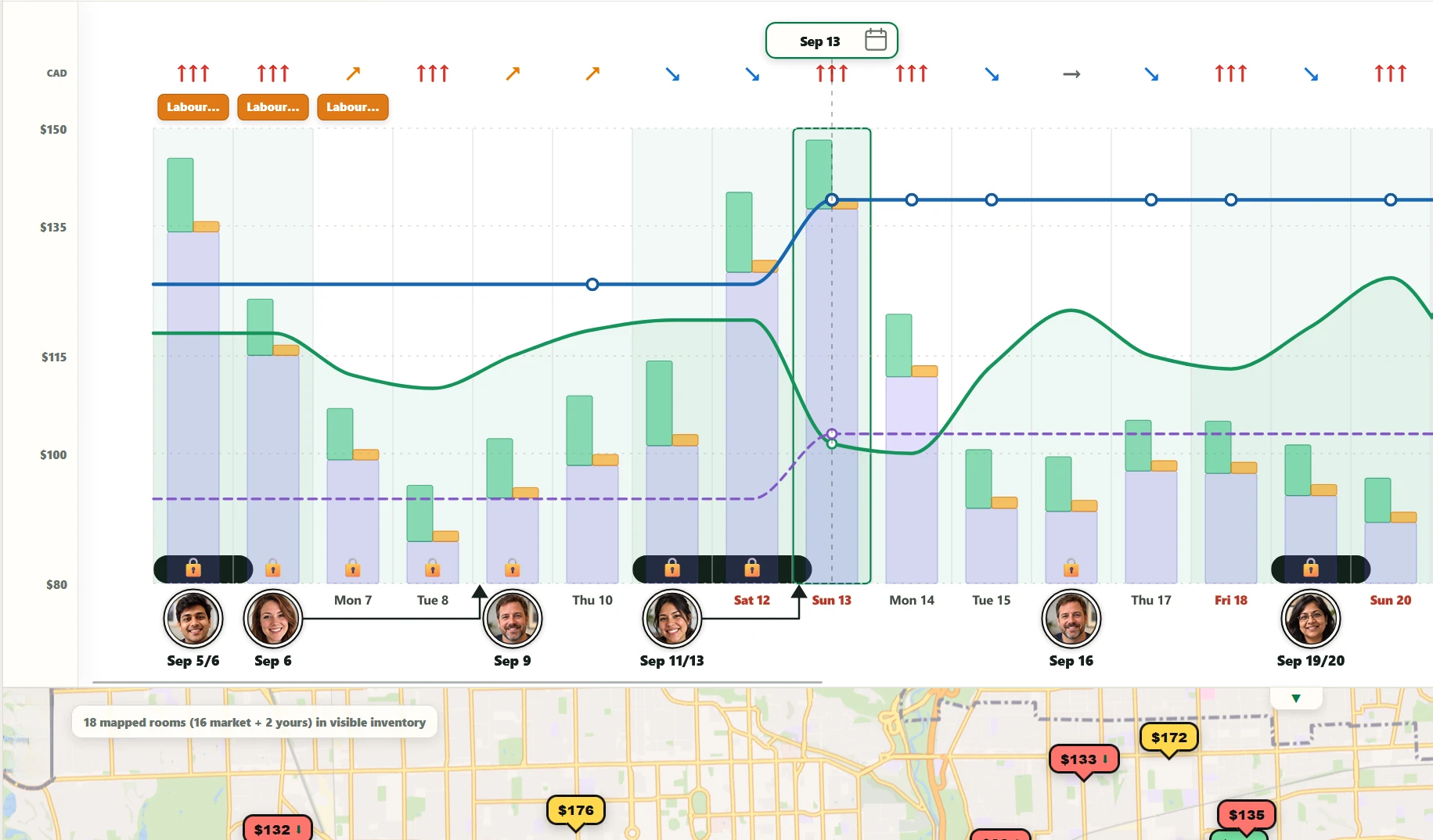 BnbPilot pricing graph and local market map showing competitor prices, demand signals, and booking context.
