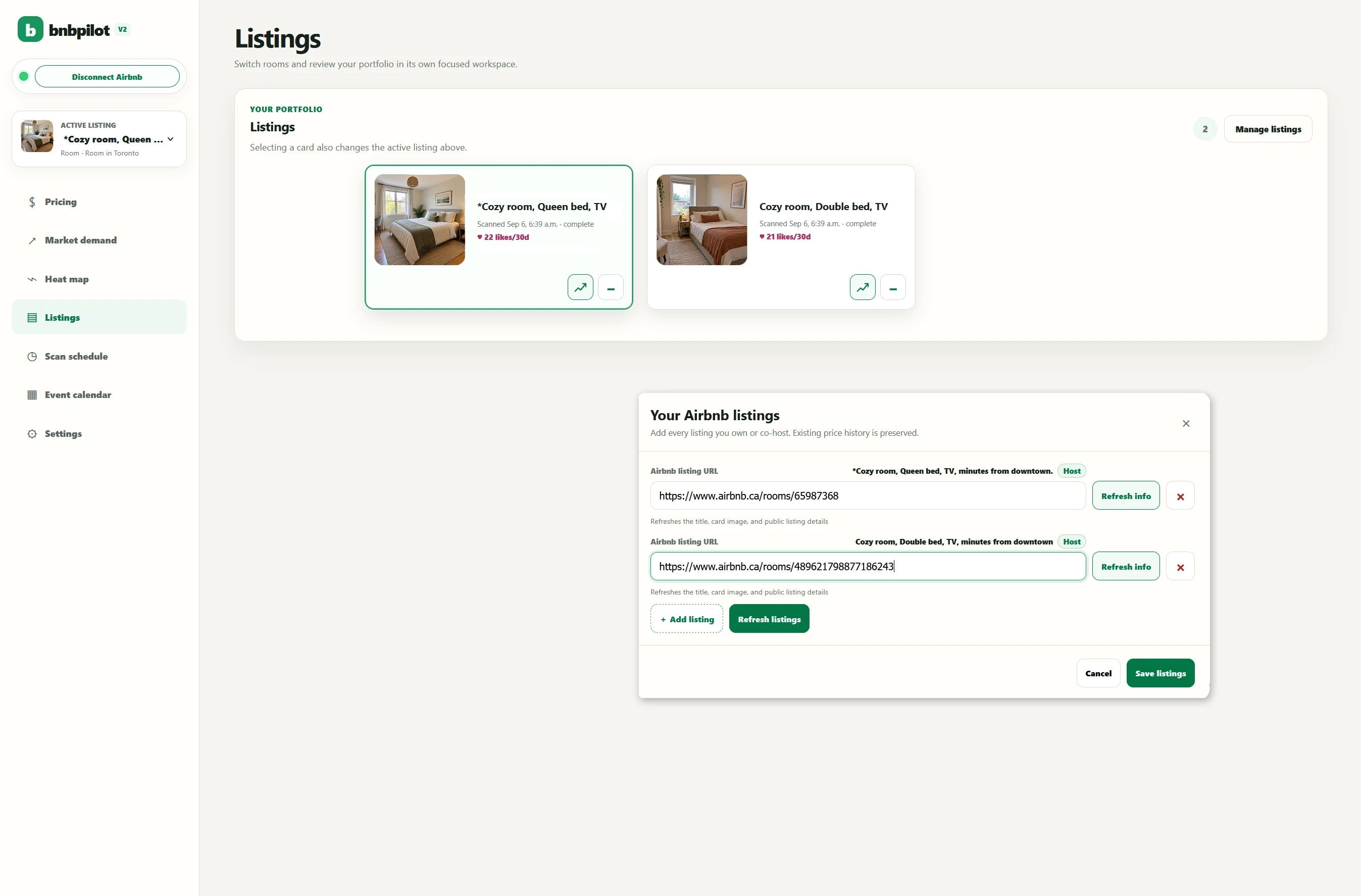 BnbPilot Listings screen preview