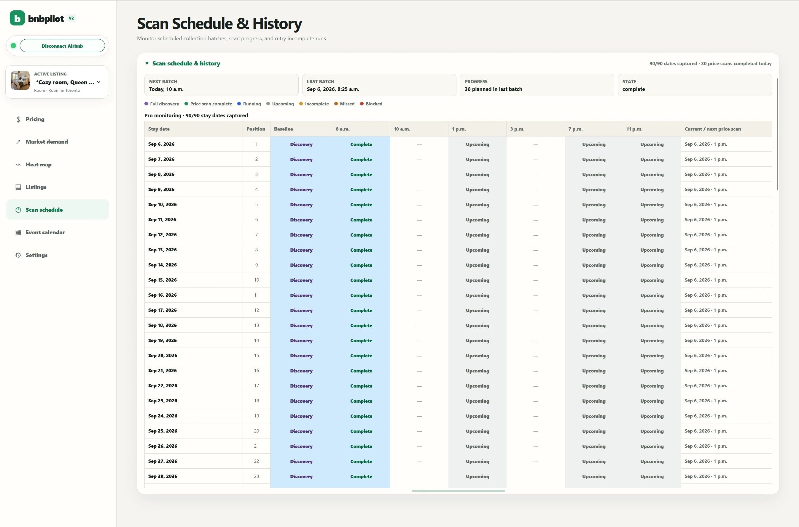 BnbPilot Scan schedule screen preview